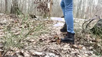 Peeing on her lingerie into the woods while nobody sees
