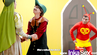 Colombian Girl in Green Medieval Dress Deepthroats Cock in White Suit