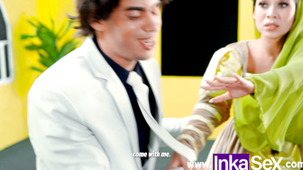 Colombian Girl in Green Medieval Dress Deepthroats Cock in White Suit