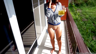 Masked Brunette Drinks Pitcher of piss on Balcony Outdoor Scene