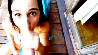 Brunette Sucks Cock on Balcony Then Rides Hard POV