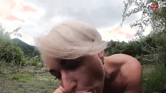 Beauty Blonde Deep Throat Penis while during Recreation Nature - Outdoor
