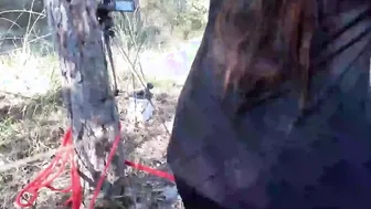 Bound to a tree on a Bombshell outfit masked and public deep throat