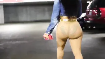 Gigantic booty black stockings walking inside parking and hotel