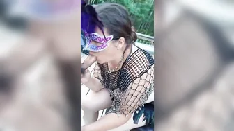 Exhibitionist ex-wife blows penis outdoor as neighbor view
