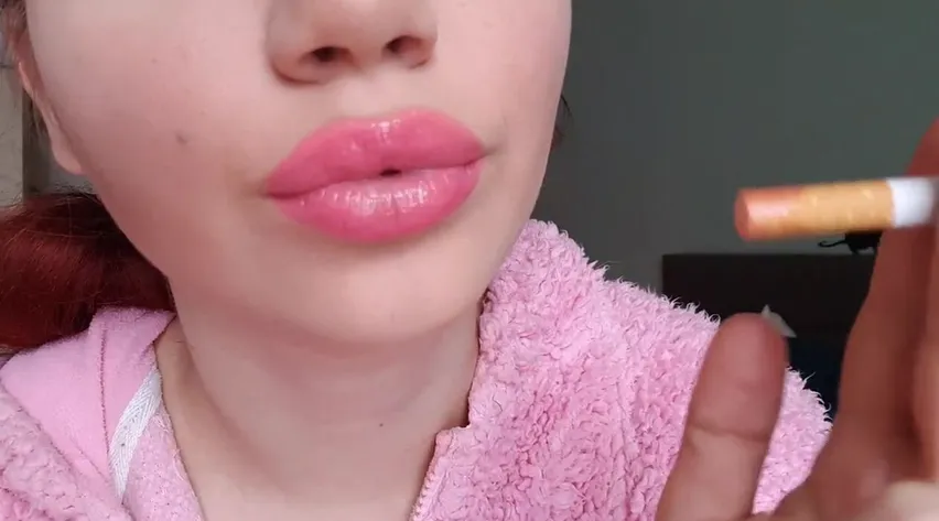 Glossy pink lips close up smoking 4kPorn.XXX
