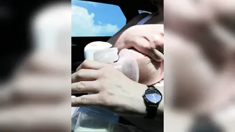 Pumping my Gigantic Milk Titted Empty inside the Vehicle
