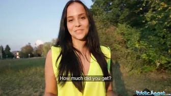 Outdoor Agent beauty dark haired criminal is taken in the woods