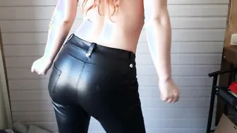 Topless and leather leggings farts