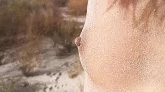 Tanned Nudist 18 Yo Receives a Spit on her Tight Asshole before taking a hot Piss on the Beach