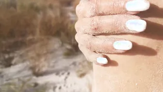 Tanned Nudist 18 Yo Receives a Spit on her Tight Asshole before taking a hot Piss on the Beach