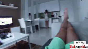 Amateur Thai 18 Cherry gotten her daily dosage on a huge white