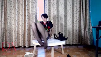 Nice Lady inside Stockings and Heels. Striptease at the round Table three