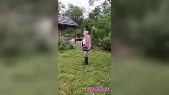 shows off toy and squirt inside outside places