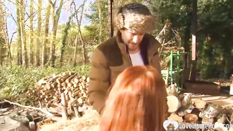 While Watching porn video – Ginger getting screwed by a pile of hay