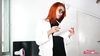 Miranda masturbates inside the office while her boss is away