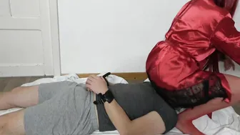 Kinging bimbos into Red Tights on Sub inside Handcuffs Socks Femdome