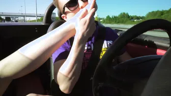 Toes Licking and Toe Sucking Off inside a Sportcar Driving at 80 Mph
