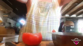 Nippleringlover Flashing Pierced Nipples with Gigantic Heavy Nipple Ring Stretching Nipple while Cooking