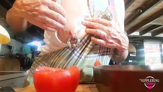 Nippleringlover Flashing Pierced Nipples with Gigantic Heavy Nipple Ring Stretching Nipple while Cooking