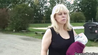 Gigantic boobies blonde old lady riding strangers dick on outdoor