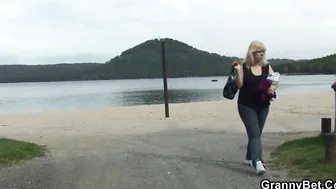 Gigantic boobies blonde old lady riding strangers dick on outdoor