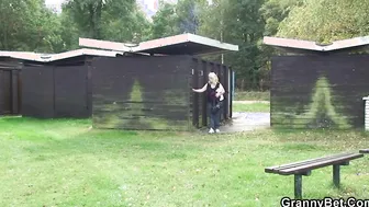 Gigantic boobies blonde old lady riding strangers dick on outdoor