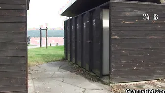 Gigantic boobies blonde old lady riding strangers dick on outdoor