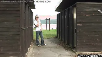 Gigantic boobies blonde old lady riding strangers dick on outdoor