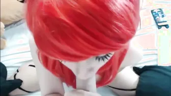 Red Cosplay Sucks Vibrator and Finger herself