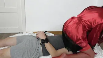 Sitting On Face sluts into Red Stockings on Sub into Handcuffs Socks Femdome