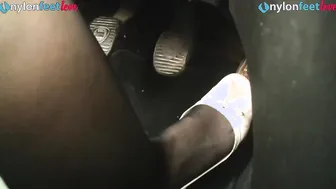 Ginger pedal pumping and upskirt inside pantyhose and flats