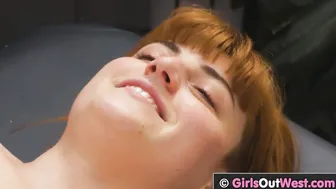 Unshaved dyke cunt and asshole licked by big titted masseuse