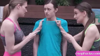 Dark Hair Teens Stepsisters Three-Way With Stepbrother