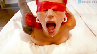 Blindfolded Nora Redmain Dig Sloppy Deep Throat ending with Turf Job-Head Combo and Cum on Feet