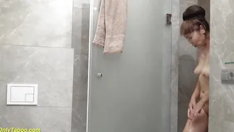 beauty oriental grandmother toying at the shower