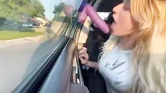 Adorable Blonde Blows Sex Toy Stuck to Vehicle Window