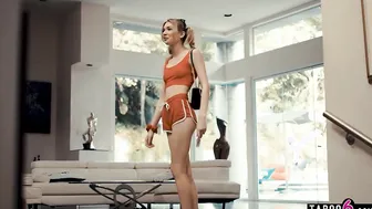 Trainer fiance brings inside small 18 yo cheerleader for hubby