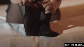 Adorable teens rips her tights open and masturbates to an orgasm