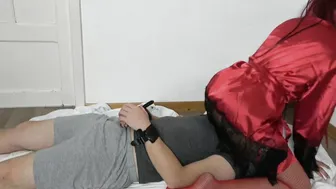 Kinging bimbos inside Red Stockings on Sub inside Handcuffs Socks Femdome