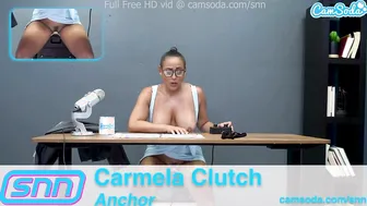 Camsoda News Network Reporter reads out news as she riding the sybian