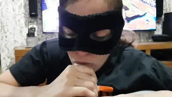 Bitch inside a Pornhub T-shirt Blows Cock - Cum Drops are Falling on her Legs