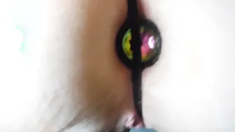 The Mr. inside Control Holding Leash Having Fun  Fucking her Cunt and Cuming on her Buttplug