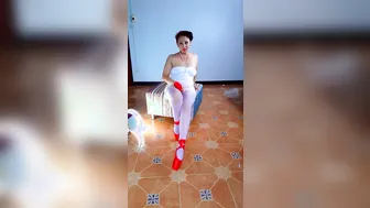 Ballet Pointe Shoes. Ballet Shoes. Ballerina Takes off her Stockings. Ballerina Shows Titted.