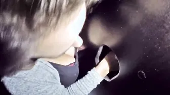 Fiance blows dicks inside gloryhole and getting cum into her