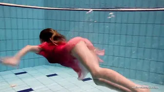 Firm gigantic boobs and red dress underwater on Duna Bultihalo