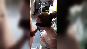Fiance plays with our friend blindfolded.