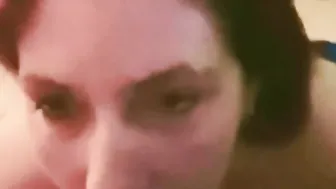 Beauty mom blowing penis and taking cum into tape wall