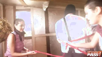 Farm Girls Kit and Kat Lee Blowjobs Into The Barn