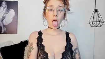 Otaku red haired inside glasses doing an ahegao and drools so